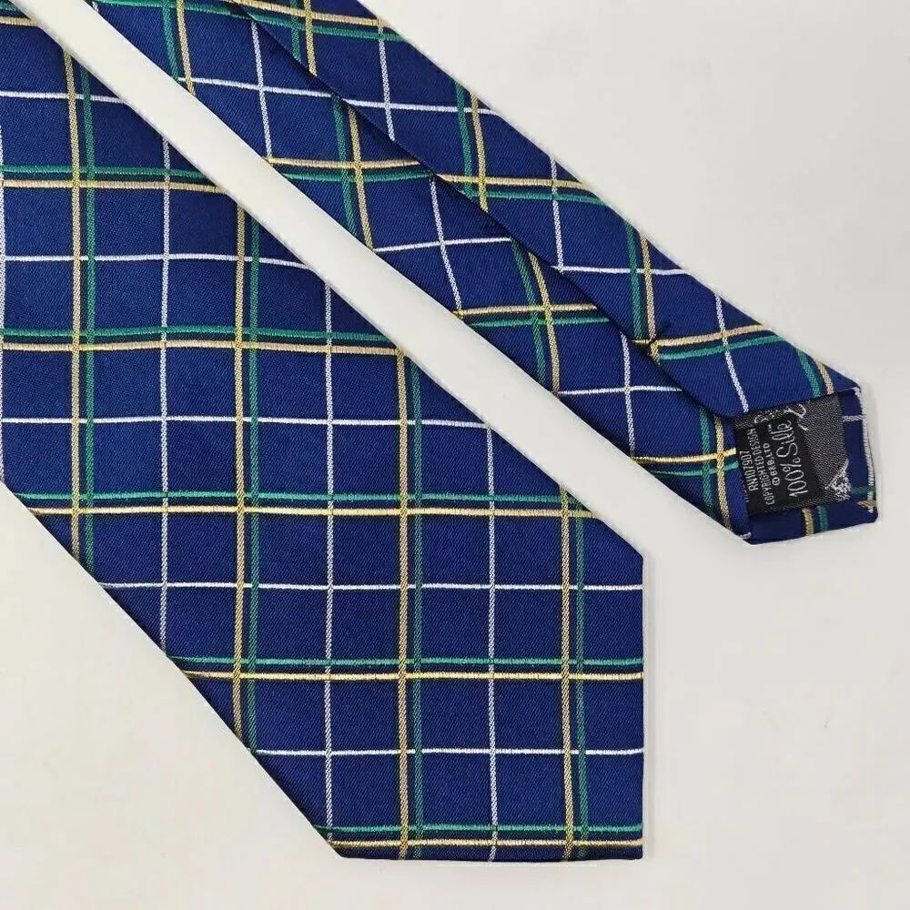 BOWLER & BLAKE LIMITED SILK TIE BLUE GREEN YELLOW WINDOWPANE PLAID 3.5" X 59"